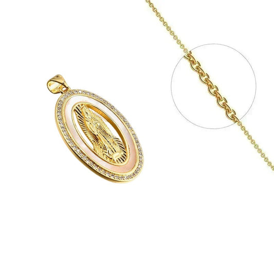 Collier doré chaîne et pendentif vierge Marie nacre orné de zirconiums sertis