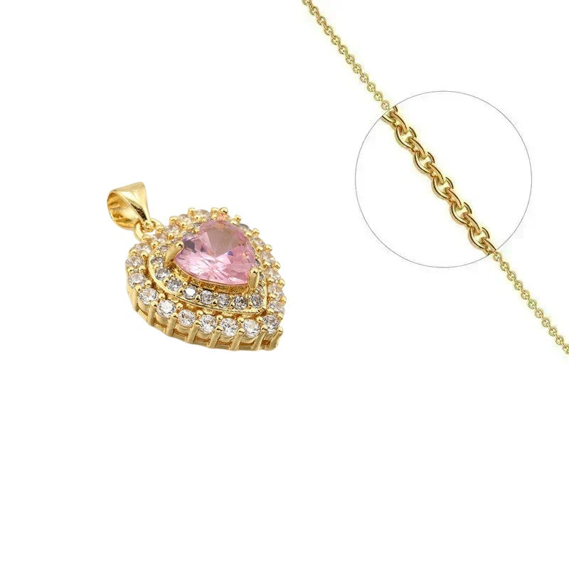 Collier doré chaîne et pendentif joli cœur rose orné de zirconiums sertis