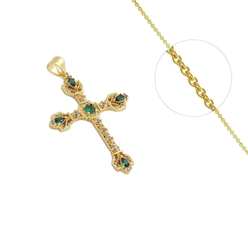 Collier chaîne et pendentif croix verte zirconiums sertis