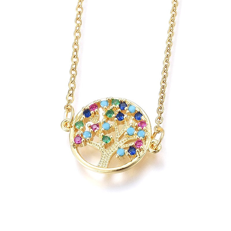 Collier chaîne et pendentif arbre de vie couleurs or diamants CZ sertis