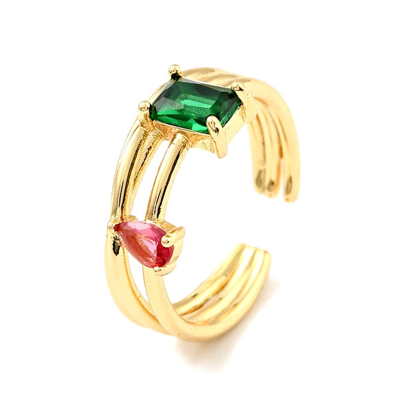 Bague femme réglable deux diamants CZ vert et rose sertis