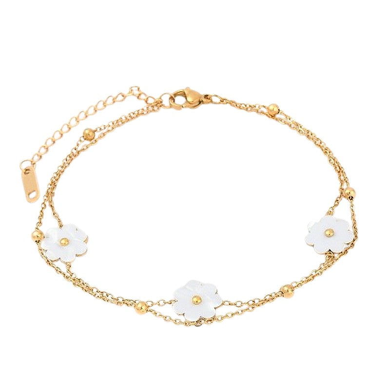 Bracelet fin en acier inoxydable double chaine 3 fleurs blanches