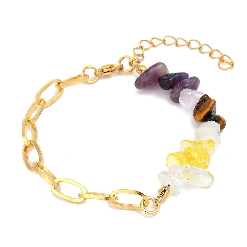 Bracelet femme acier inoxydable pierres naturelles quartz et œil de tigre