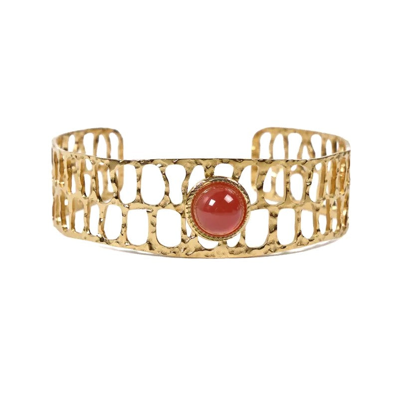 Bracelet femme - jonc Marie acier inoxydable pierres naturelles agate rouge