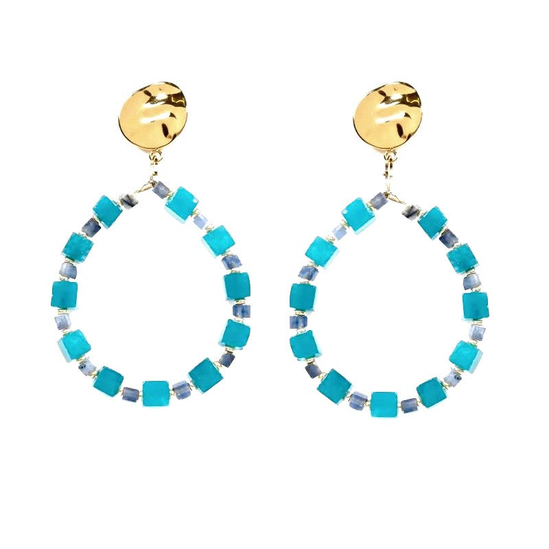 Boucles d'oreilles Créoles pendantes acier inoxydable pierres naturelles apatite