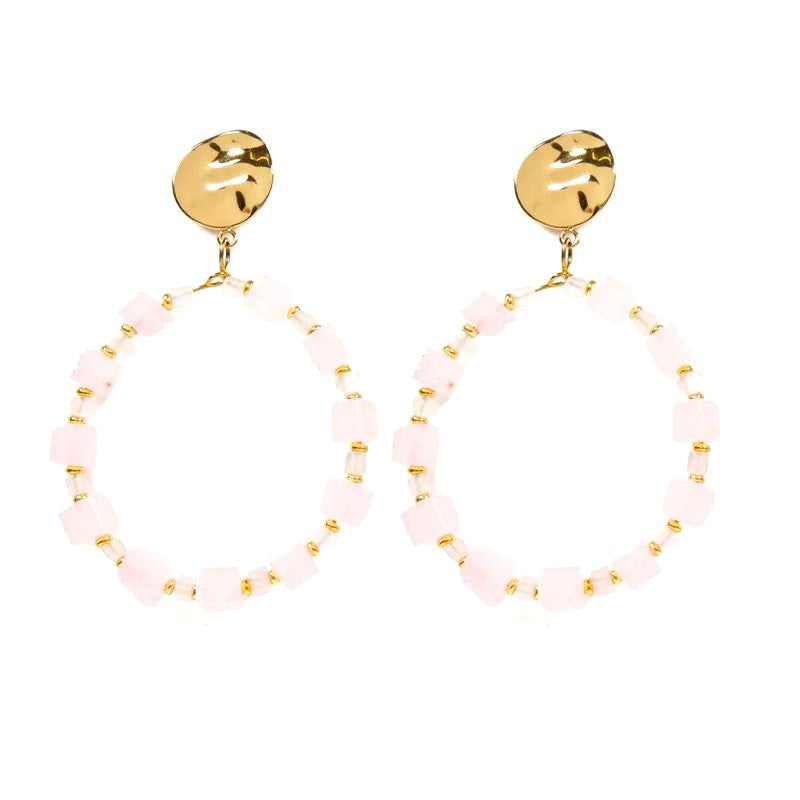 Boucles d'oreilles Créoles pendantes acier inoxydable pierres naturelles quartz