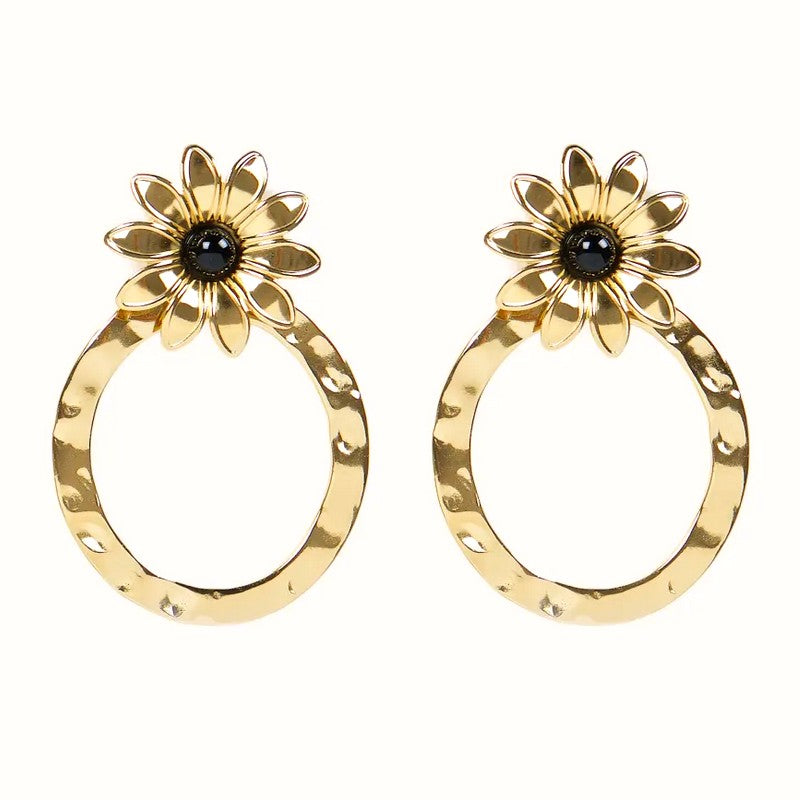 Boucles d'oreilles pendantes Fleur acier inoxydable pierres naturelles agate noir