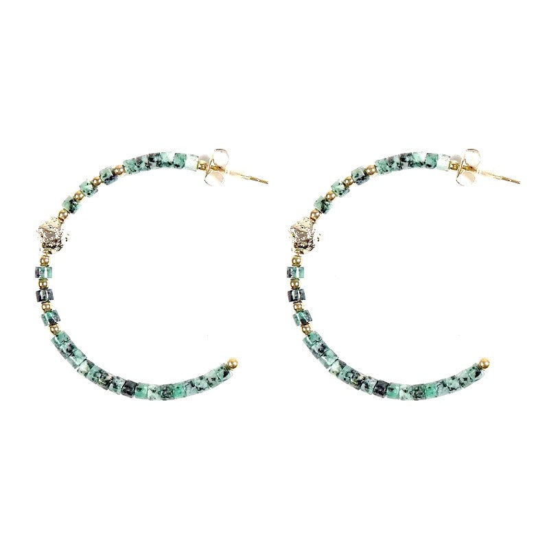 Boucles d'oreilles pendantes demi Créoles acier inoxydable pierres naturelles turquoise d'Afrique