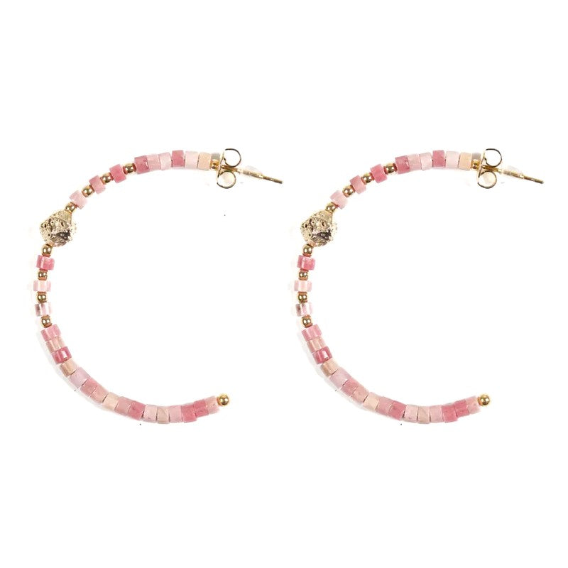 Boucles d'oreilles pendantes demi Créoles acier inoxydable pierres naturelles rhodonite