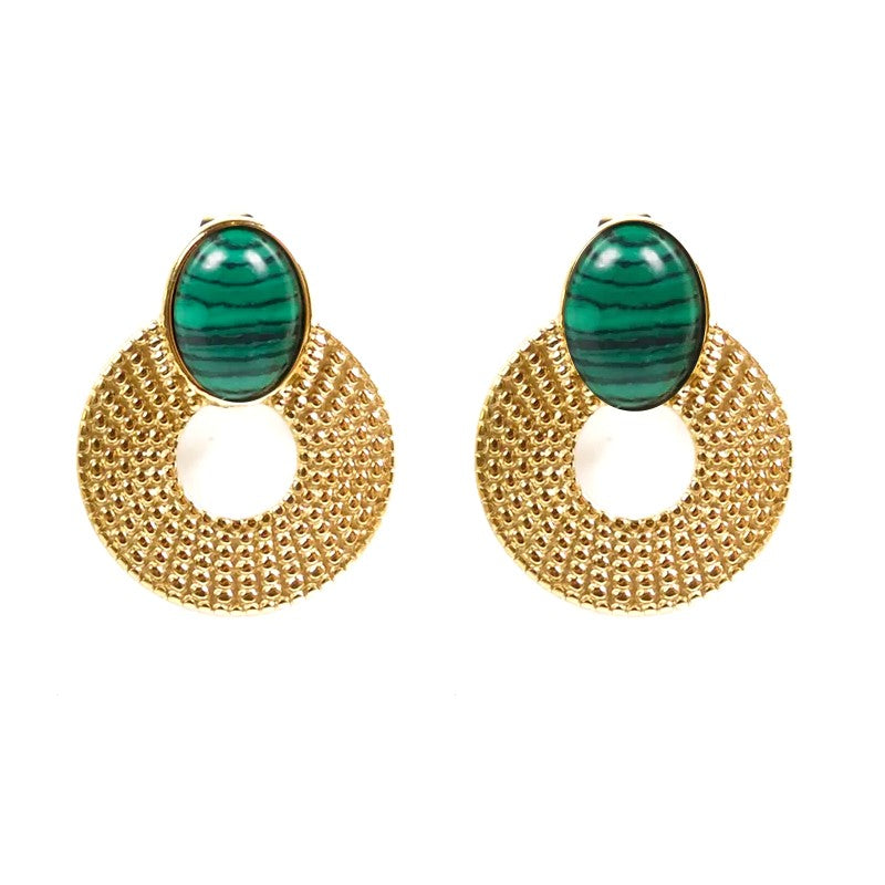 Boucles d'oreilles pendante Thaîs acier inoxydable pierres naturelles malachite