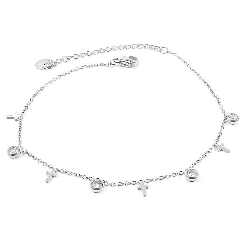 Chaîne de cheville acier inoxydable croix argenté diamant CZ