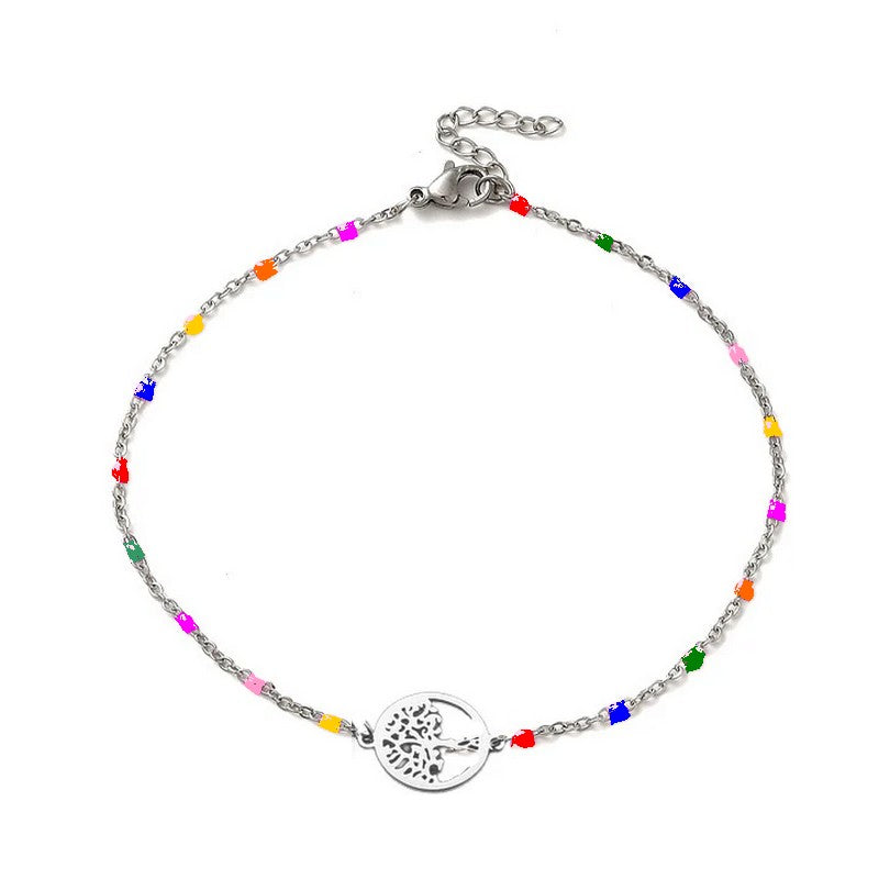 Chaîne de cheville acier inoxydable maille forçat multi color arbre de vie