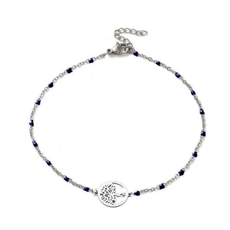 Chaîne de cheville acier inoxydable maille forçat noir arbre de vie