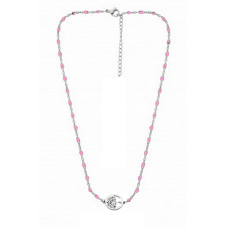Chaîne collier acier inoxydable maille forçat rose arbre de vie