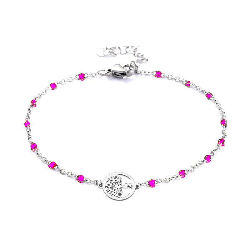 Bracelet acier inoxydable maille forçat fushia arbre de vie