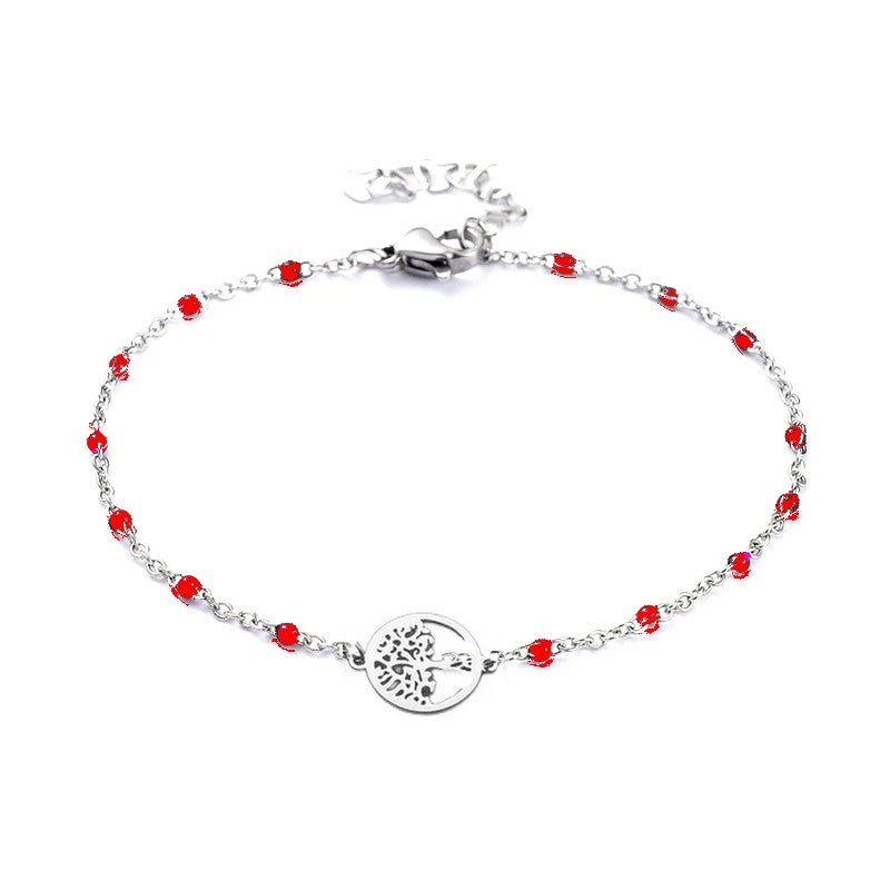 Bracelet acier inoxydable maille forçat rouge arbre de vie