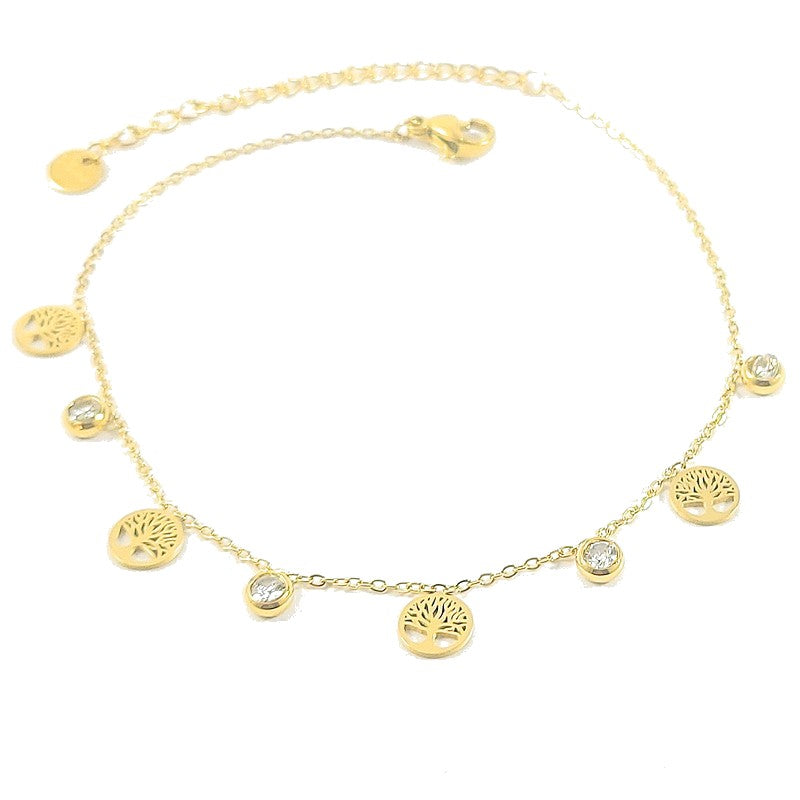 Chaîne de cheville acier inoxydable arbre de vie or diamant CZ