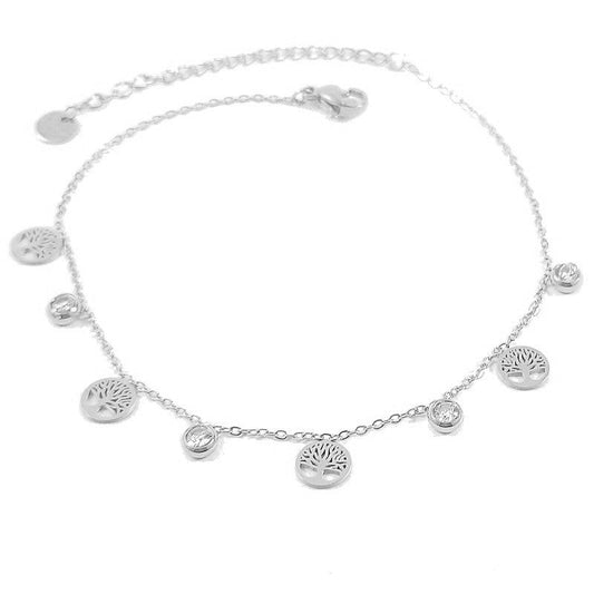 Chaîne de cheville acier inoxydable arbre de vie argenté diamant CZ