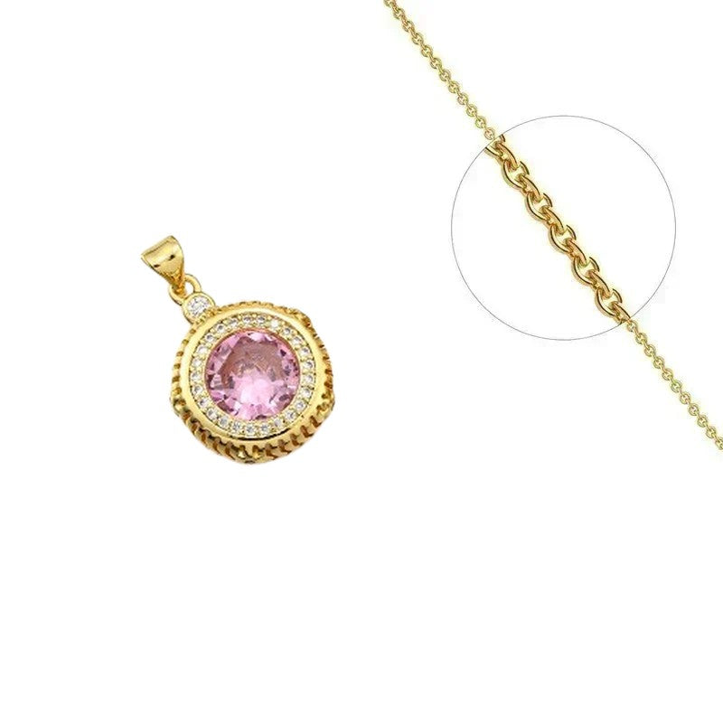 Collier doré chaîne et pendentif rosace rose orné de zirconiums sertis
