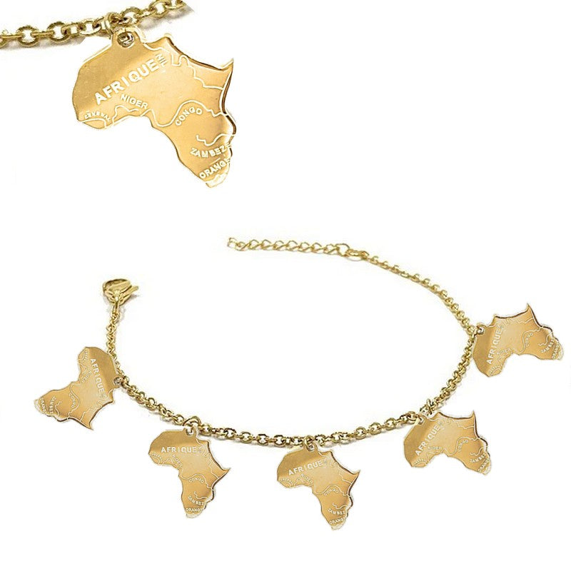 Bracelet pour femme - Acier 316 doré - Chaîne et motifs carte d'Afrique