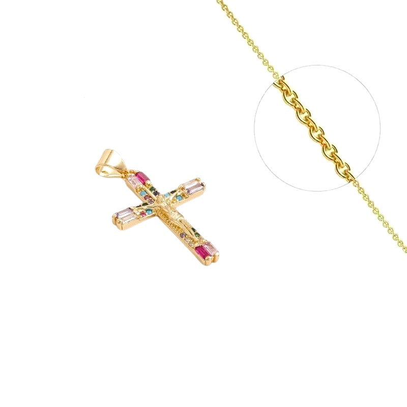 Collier chaîne et pendentif croix zirconiums couleurs sertis