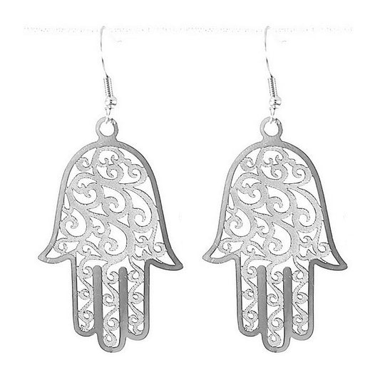 Boucles d'oreilles fantaisie tombante main de Fatma argenté