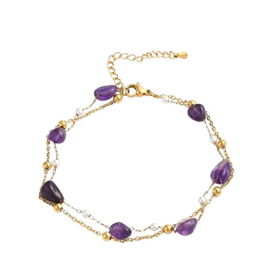 Chaîne de cheville en acier inoxydable double rangs pierres naturelles améthyste