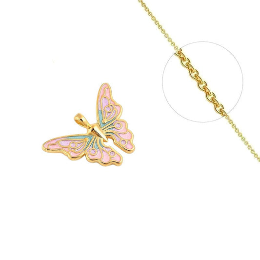 Collier chaîne et pendentif papillon rose et bleu