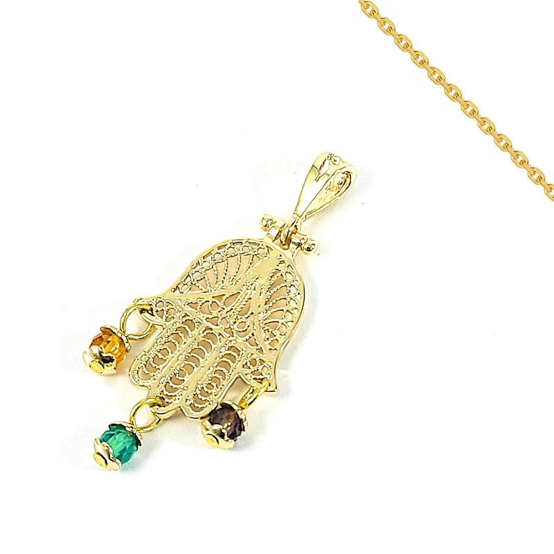 Collier chaîne et pendentif main de Fatma avec breloques