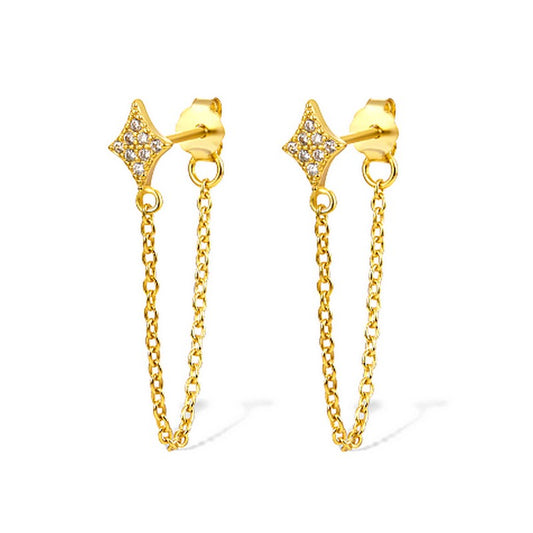 Boucles d'oreilles argent 925 or diamant CZ avec chaîne