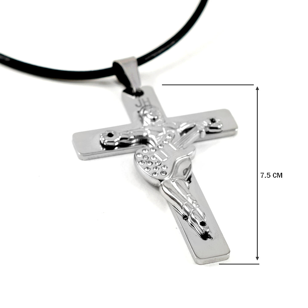 Croix guitare JOHNNY HALLYDAY en acier 316 - Couleur argenté - 7.5 cm avec cordon cuir et écrin