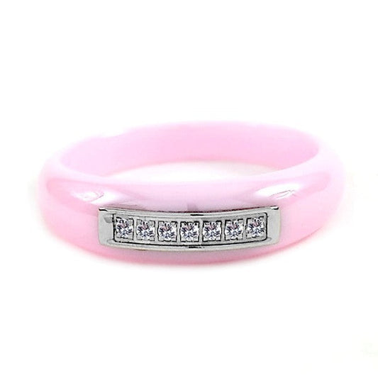 Bague en céramique - Couleur rose - Lignées de strass