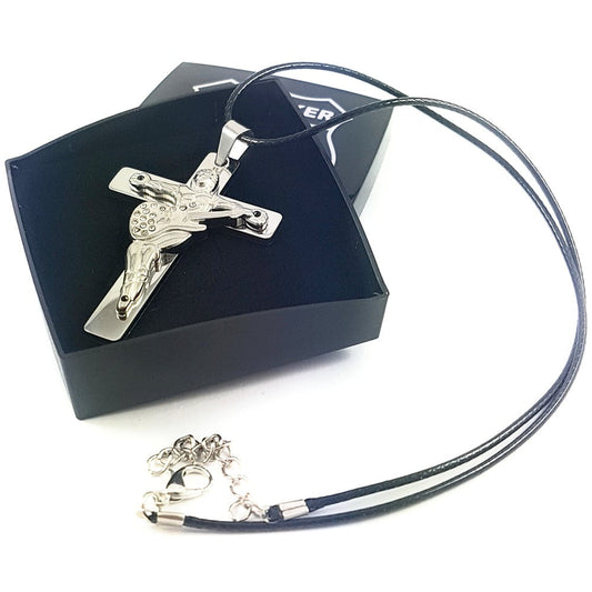 Croix guitare JOHNNY HALLYDAY en acier 316 - Couleur argenté - 5.5 cm avec cordon cuir et écrin