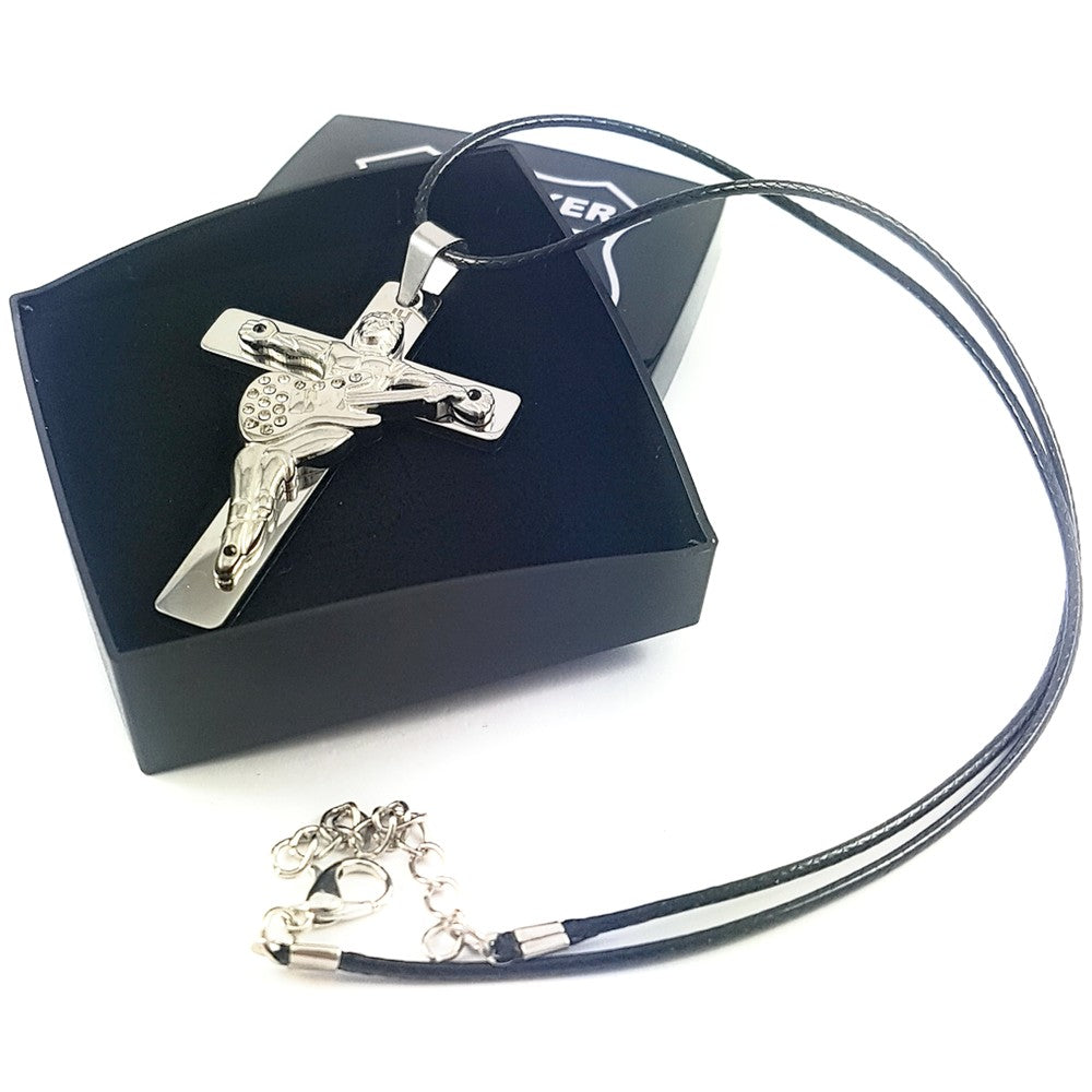 Croix guitare JOHNNY HALLYDAY en acier 316 - Couleur argenté - 7.5 cm avec cordon cuir et écrin