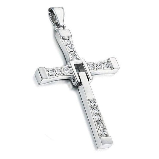 Pendentif acier 316 Gothique Rock ou Biker - Croix couleur argenté ' Fast and Furious '- Agrémentés de diamants cz