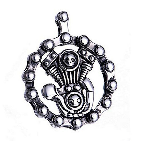 Pendentif acier 316 argenté Gothique Rock ou Biker - Moteur + Chaine