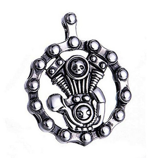 Pendentif acier 316 argenté Gothique Rock ou Biker - Moteur + Chaine