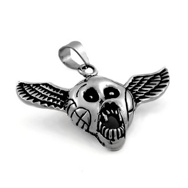 Pendentif acier 316 argenté Gothique Rock ou Biker - Ailes + Tête de mort