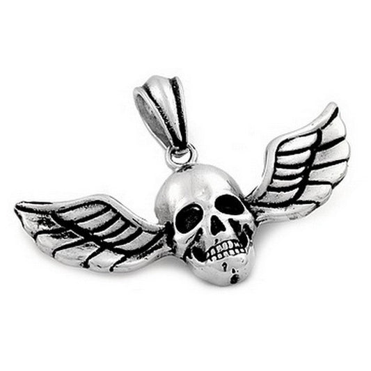 Pendentif acier 316 argenté Gothique Rock ou Biker - Tête de mort + Ailes