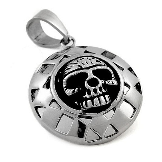 Pendentif acier 316 argenté Gothique Rock ou Biker - Cercle ajourés d'une tête de mort