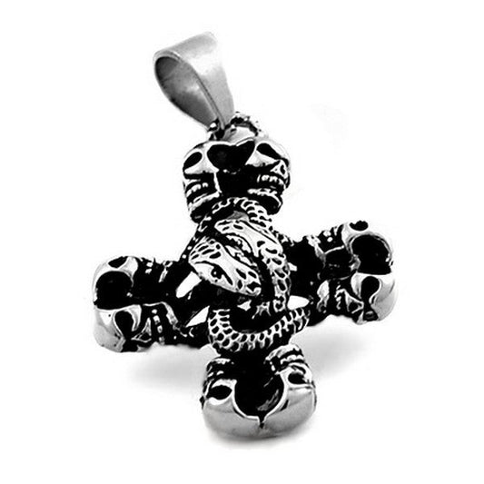 Pendentif acier 316 argenté Gothique Rock ou Biker - Tête de mort + Serpent
