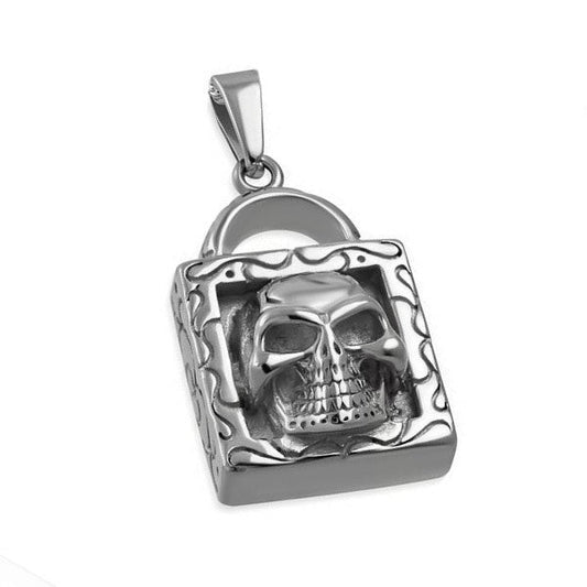 Pendentif acier 316 argenté Gothique Rock ou Biker - Tête de mort cadenas