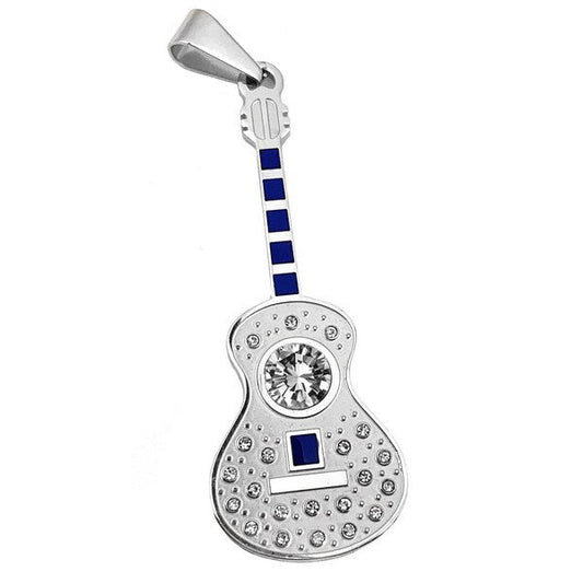 Pendentif acier 316 argenté Gothique Rock ou Biker - Guitare bleu agrémenté d'un diamant cz