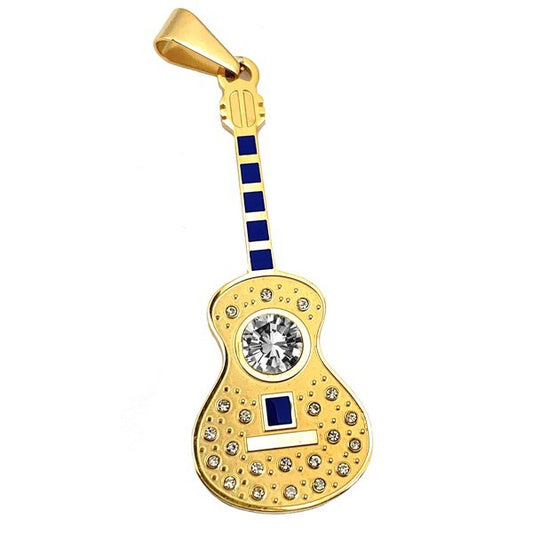 Pendentif acier 316 doré Gothique Rock ou Biker - Guitare bleu agrémenté d'un diamant cz