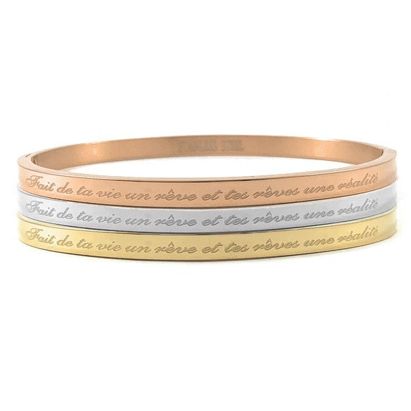 Bracelet message en acier pour femme - Couleur Or rose - ' Fait de ta vie un rêve et tes rêves une réalité '