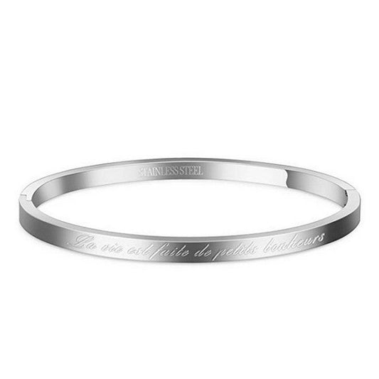 Bracelet message en acier pour femme - Couleur argenté - ' La vie est faite de petits bonheurs '