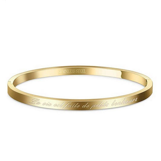 Bracelet message en acier pour femme - Couleur doré - ' La vie est faite de petits bonheurs '