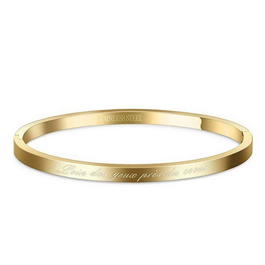 Bracelet message en acier pour femme - Couleur doré - ' Loin des yeux près du coeur '