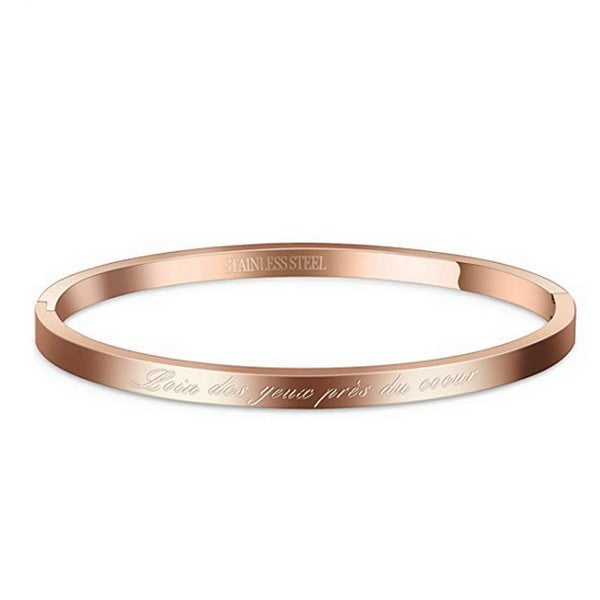 Bracelet message en acier pour femme - Couleur Or rose - ' Loin des yeux près du coeur '