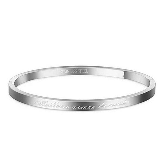 Bracelet message en acier pour femme - Couleur argenté - gravure ' Meilleure maman du monde '